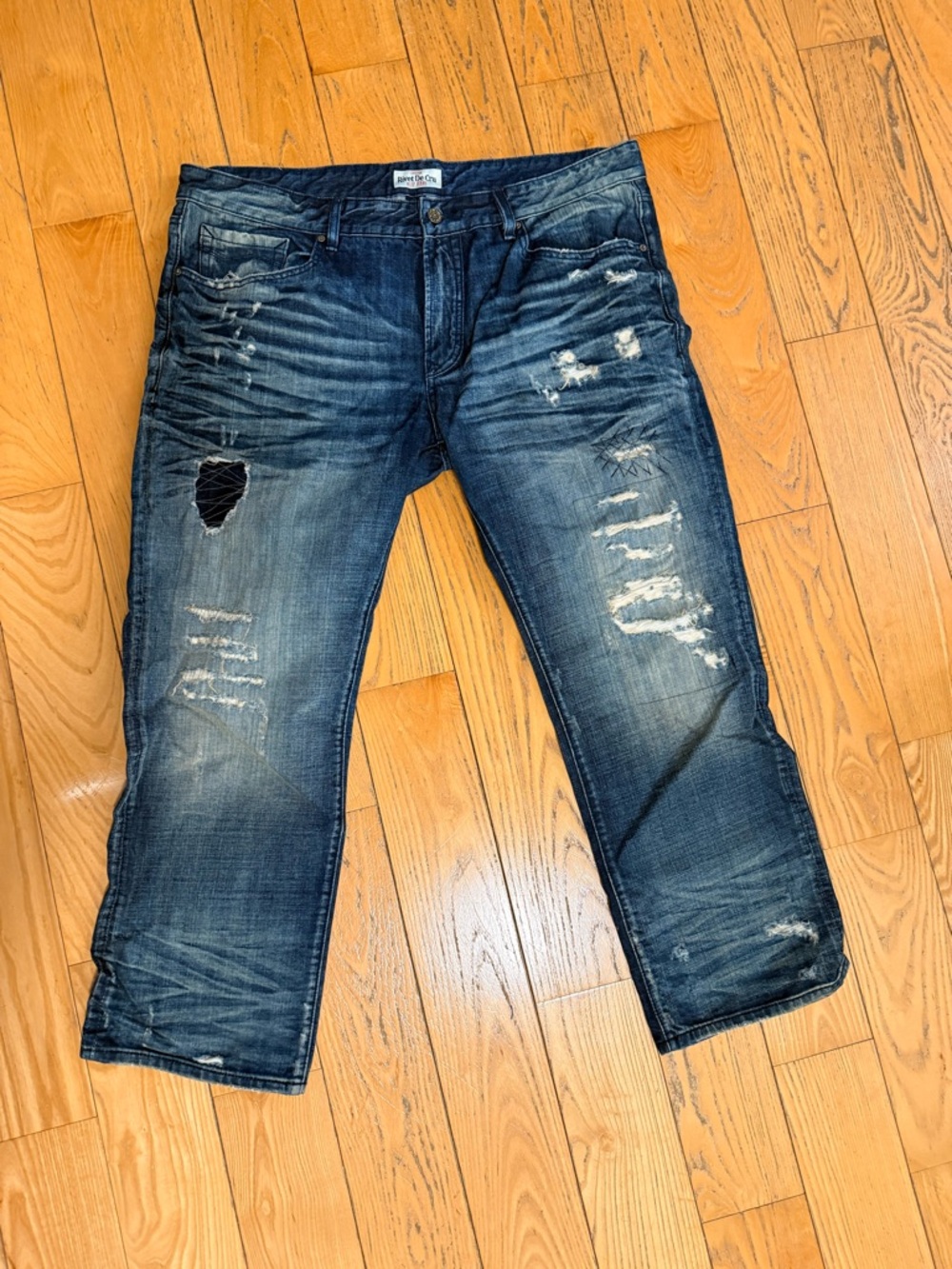 Distressed Relaxed Fit Men's Jeans in Dark Blue